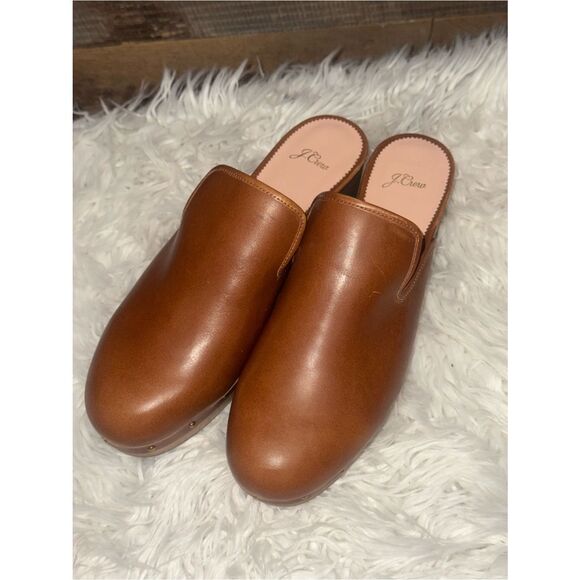 J.Crew NWOT Brown Leather Clog Mules Studded Wood Platform Size 12  70’ vibe